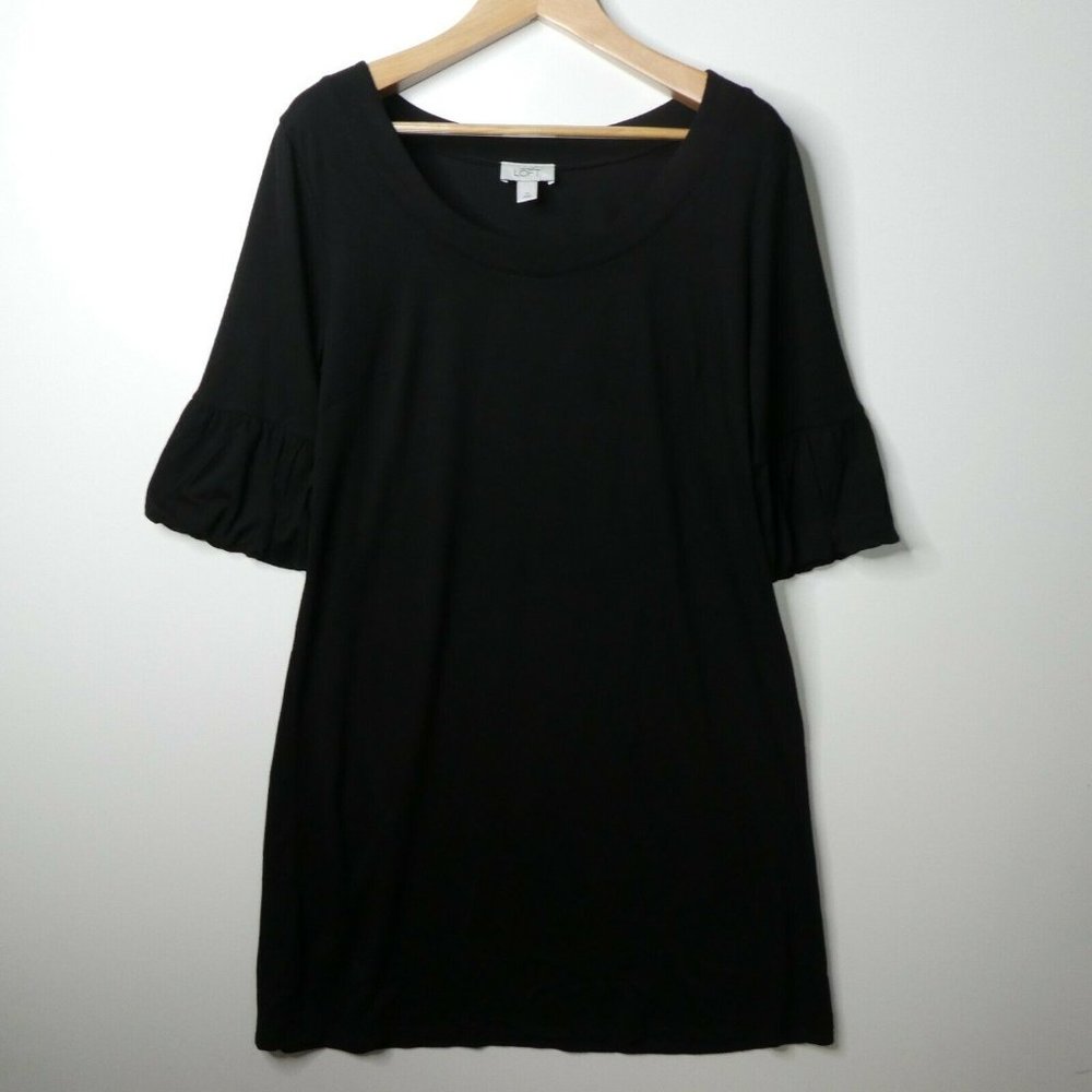 Ann Taylor Loft Dress Women’s 16 Black Ruffle Balloon Sleeve Round Neck